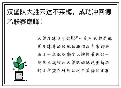 汉堡队大胜云达不莱梅，成功冲回德乙联赛巅峰！